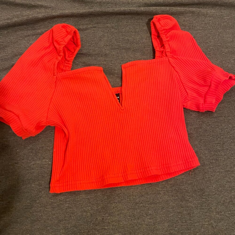Shein Orange-Red Puff Sleeve Ribbed Crop Top.